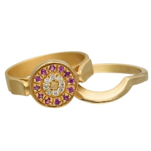 Art Deco Ehering Set Rosa Saphir Diamanten 18k Gold