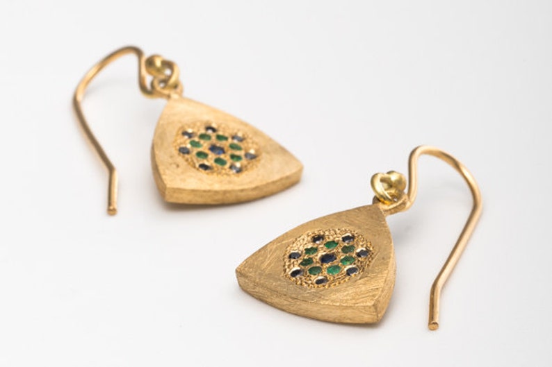 Gold Hanging Earrings Sapphire Earrings Triangle Earrings Etsy