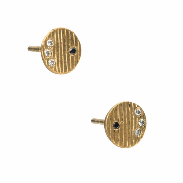 Gold Stud Minimalist Earrings set with Black & White Diamonds