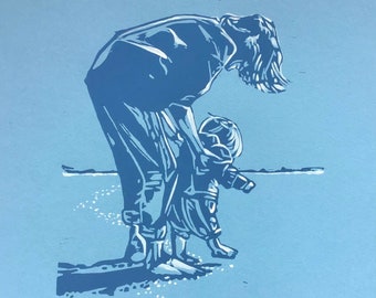 Paddling original lino cut print on Sky Blue | new baby gift | motherhood | toddler | parenthood | mother's love | beach | holiday