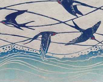Distant Shores Lino Print: Tropical Seashore Art, Swallows in Flight, Handprinted Bird Art