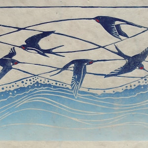 Swallows linocut print Swallows in flight Original Lino Print Handprinted Shore seashore waves Bird print image 1