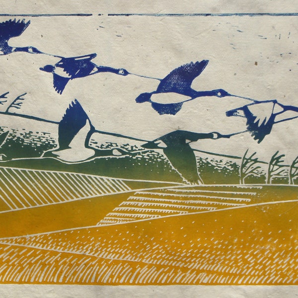 Geese Linocut Print: Migrating Birds, Autumn Harvest, Handprinted