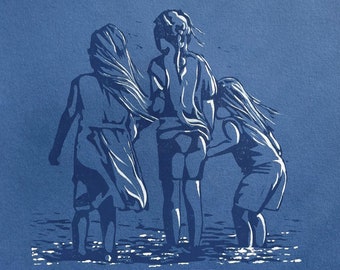 Linogravure Saut de vagues sur papier bleu océan : bord de mer, plage, vacances en famille