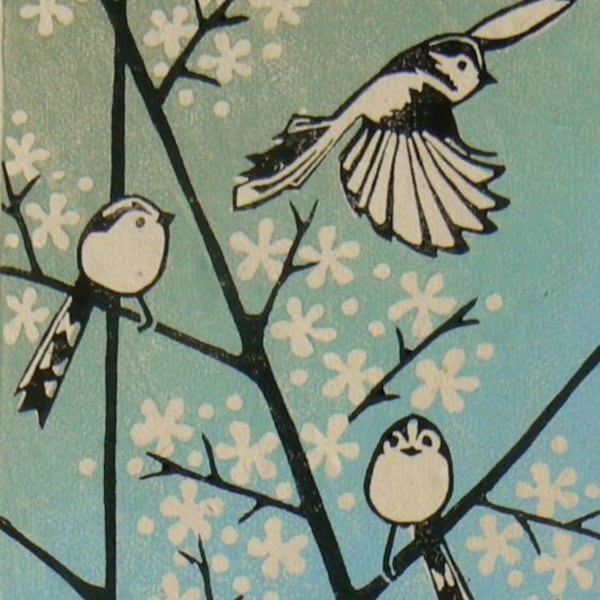 Long Tailed Tits on Blackthorn linocut print | Original lino cut | Bird print | Blossom | Cute birds