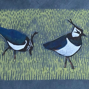 Lapwings on blue Linocut Print