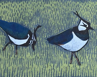 Vanneaux sur linogravure bleue