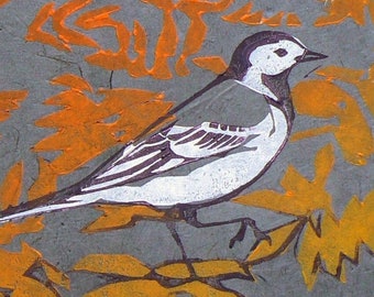 Pied Wagtails Linocut Print | Handprinted lino block print | Bird print | Autumn leaves