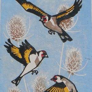 Goldfinches in flight linocut print | Bird print | Finch | Teasel | Handprinted lino cut | Relief print | Flying bird | Original print