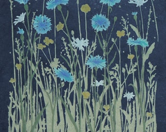 Cornflower Meadow lino cut print