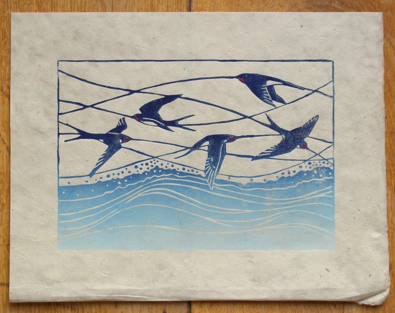 Swallows linocut print Swallows in flight Original Lino Print Handprinted Shore seashore waves Bird print image 2