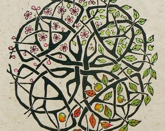 Apple Tree Celtic Knot Lino cut print