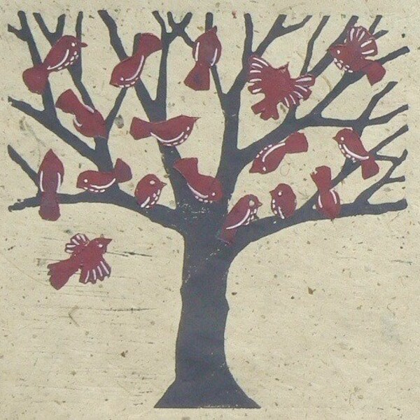 Redbird Tree linocut print