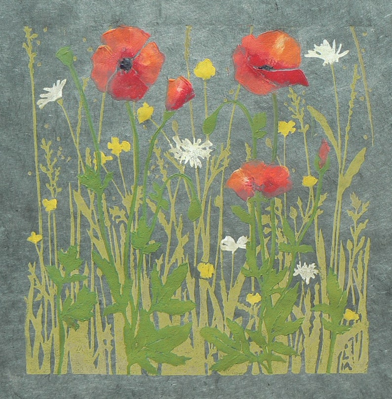 Poppy Meadow lino cut print image 1
