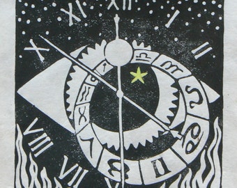 L'horloge du prophète, impression linogravure