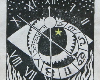 The Seer's Clock, linocut print