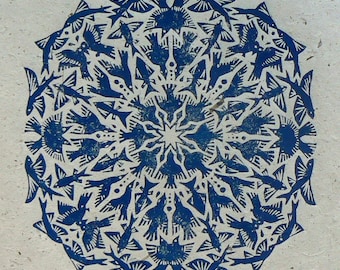 Diving Birds & Flying Fish Original Linocut Print: Blue Folk Art Mandala