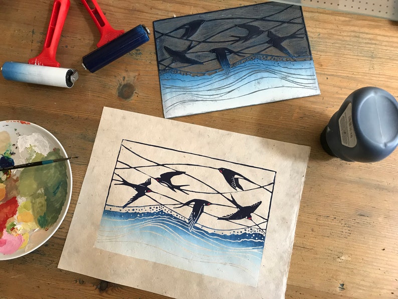 Swallows linocut print Swallows in flight Original Lino Print Handprinted Shore seashore waves Bird print image 5