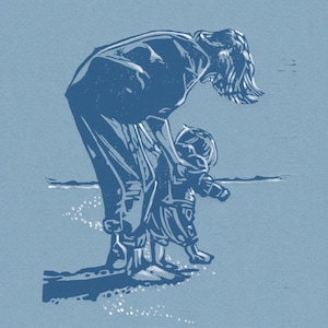 Remando Linograbado impreso a mano sobre Wedgewood Blue / Madre e hijo / Día de la Madre