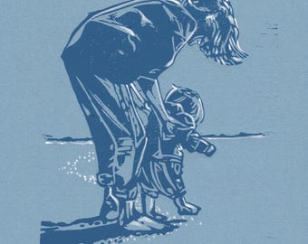 Paddling Linocut handprinted on Wedgewood Blue | Mother and child  | Mother’s Day