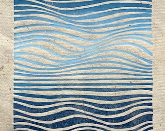 Waves: Original Handprinted Linocut Print, Abstract Geometric Art on Lokta Paper