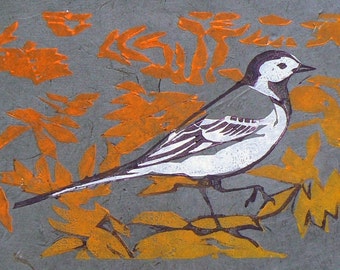 Pied Wagtails Linocut Print | Handprinted lino block print | Bird print | Autumn leaves