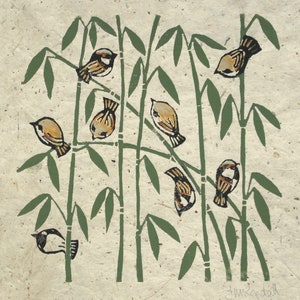 House Sparrows on the Bamboo, linocut print