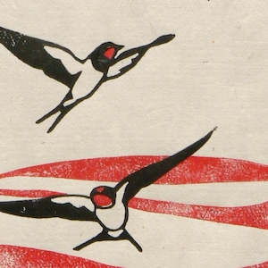 Swallows over Poppy Fields linocut print