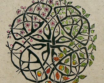 Linogravure noeud celtique pommier | Saisons, nature, récolte, croissance, renouveau spirituel, harmonie