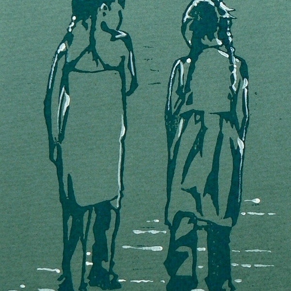 Linogravure Walking and Talking | Sœurs | Vacances | Enfance | Souvenirs | Cadeaux pour elle | Cadeau pour soeur