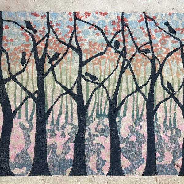 Autumn Oak Woodland original linocut and monoprint