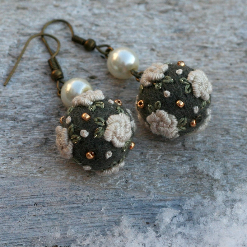 Needle felted and embroidered merino wool ball earrings Etsy