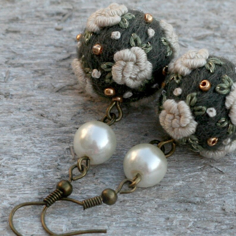Needle felted and embroidered merino wool ball earrings Etsy