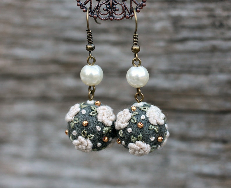 Needle felted and embroidered merino wool ball earrings Etsy
