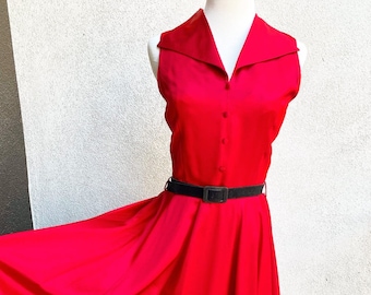M L 70s 80s Dress Red Satin Full Skirt for TALL gal by Just Choon Medium Large