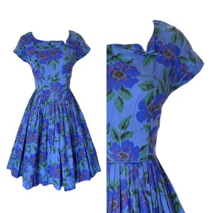 XS S 50s Blue Floral Purple Print Cotton Fit Flare Full Pleated Skirt Summer Sundress Picnic Day Extra Small