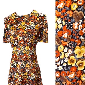 S M 60s 70s Vintage Dress Floral Poly Fit n Flare Short Sleeves Orange Yellow Brown Day Mod Dress Small Medium