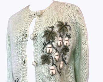 S 60s Cardigan 3D Embroidery Knit Wool Mohair & Silk Lining Green White Button Sweater Jumper Small