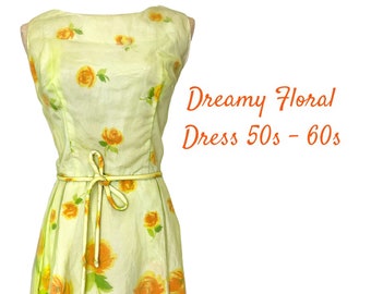 M 50s 60s Chiffon Floral Party Dress Cocktail Fancy Yellow Green Tie Belt Medium