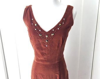 XS S 50s 60s Long Dress Velvet Beaded Brown Maxi Gown Jeweled Formal Cocktail Evening Sheath Pencil Wiggle Extra Small to Small