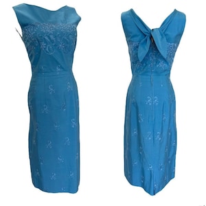 S Anne Fogarty Dress Blue Cotton Tie Back Pencil Embroidered Day Cocktail Small