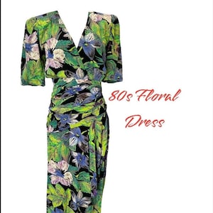 S M Dress Green Floral Print 80s Does 40s Style Vintage Tiki Retro Padded Shoulders by Jane Singer Small Medium