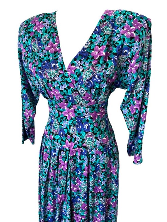 S M 80s Dress Blue Black Pink Floral Paisley Butt… - image 3