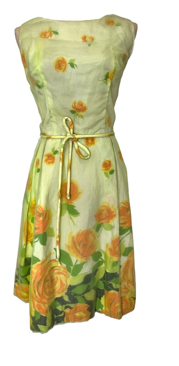 M 50s 60s Chiffon Floral Party Dress Cocktail Fan… - image 4