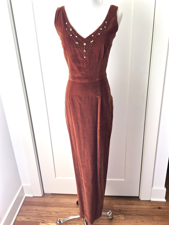 XS S 50s 60s Long Dress Velvet Beaded Brown Maxi … - image 3