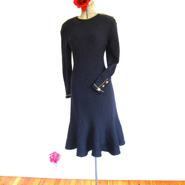 70s Navy Blue Knit Dress Zip Back Long Sleeves Crew Neck Knee Length Nautical Style Gold Buttons