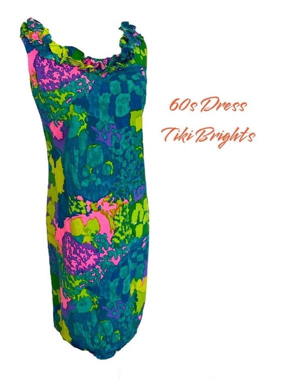 M 60s Psychedelic Print Tiki Dress Green Blue Hot… - image 2