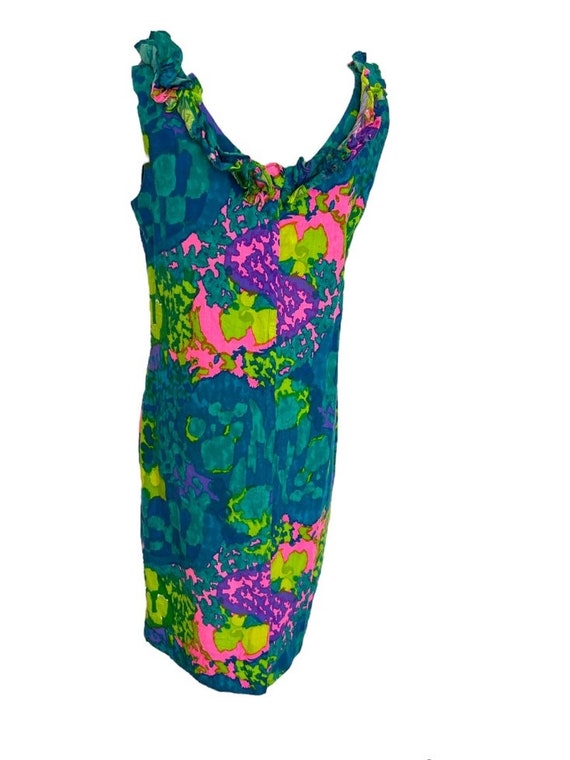 M 60s Psychedelic Print Tiki Dress Green Blue Hot… - image 4