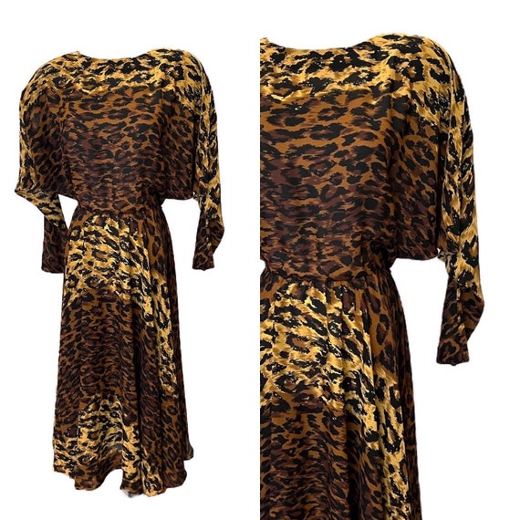 M 70s 80s Leopard Print Dress Batwing Brown Tan B… - image 1