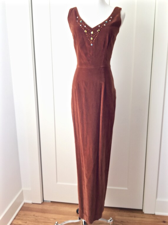 XS S 50s 60s Long Dress Velvet Beaded Brown Maxi … - image 5